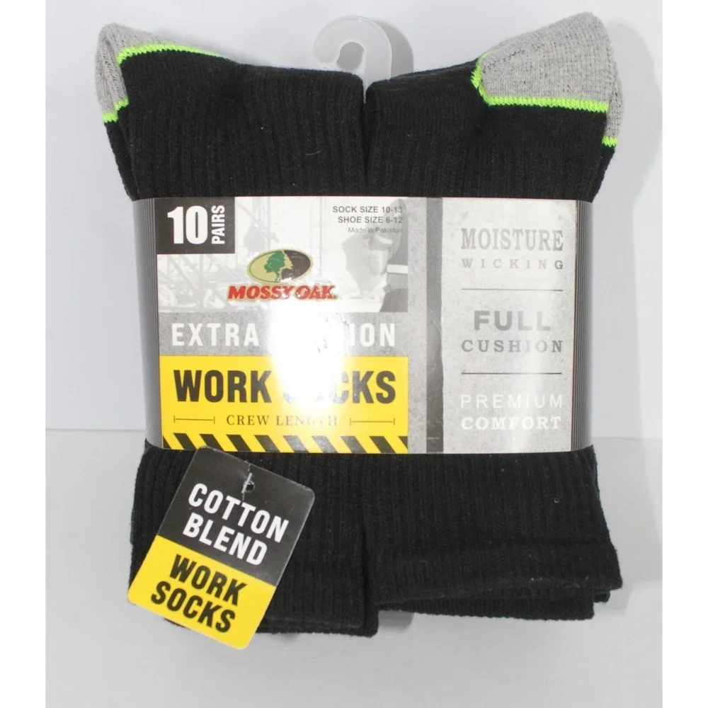 Mossy Oak Work Crew Socks Extra Cushion 10 Pair Size 10-13 Moisture Wicking Mens